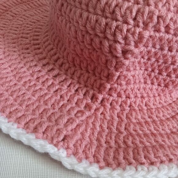 Cosmetic Pink with White Trim Handmade Acrylic Crocheted Summer Sun Hat One Size - Picture 10 of 12